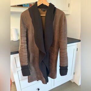 Theory Chocolate Leather/Shearling Jacket  Brown Knit shawl collar & cuff Trim